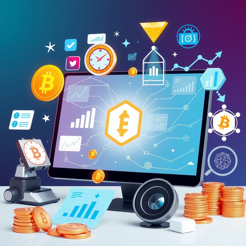 Ilustración moderna de educación financiera digital mostrando elementos de blockchain, criptomonedas y tecnología financiera con iconos educativos, gráficos y símbolos de aprendizaje en un estilo profesional y accesible