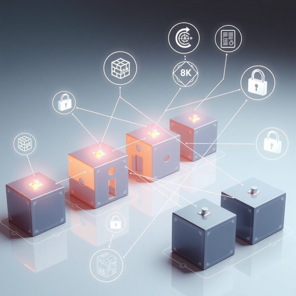 Ilustración educativa de tecnología blockchain mostrando bloques conectados en cadena, nodos de red distribuidos y conceptos de libro mayor digital con iconos de seguridad y transparencia