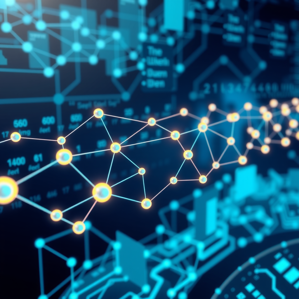Concepto de tecnología blockchain mostrando una red digital de bloques interconectados formando una cadena, con nodos brillantes representando un registro distribuido sobre un fondo tecnológico abstracto en colores azul y turquesa