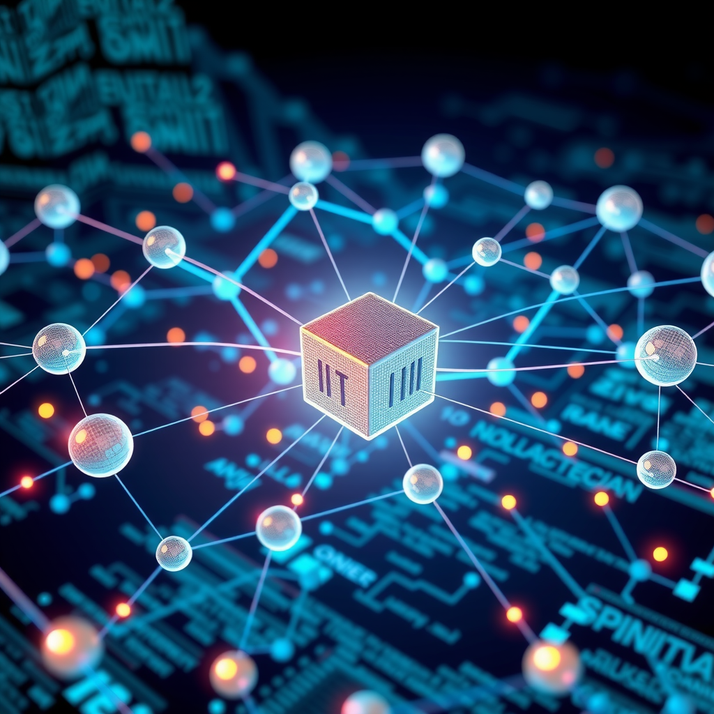 Ilustración conceptual de contratos inteligentes en una red blockchain mostrando nodos interconectados, código digital y transacciones automatizadas ejecutándose de forma descentralizada