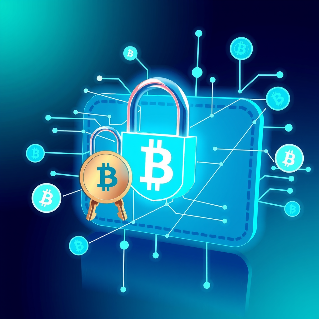 Ilustración de una cartera digital de criptomonedas mostrando un candado de seguridad, llaves privadas y símbolos de blockchain en un diseño moderno y profesional con tonos azules y verdes