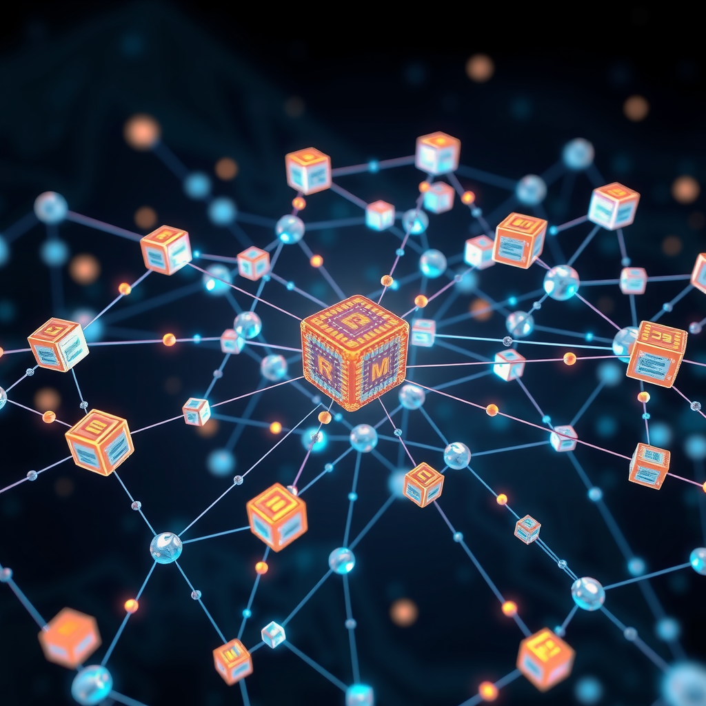 Representación visual de una red blockchain con nodos interconectados, bloques de datos enlazados y flujos de información distribuidos, simbolizando la tecnología de registro distribuido y sus aplicaciones más allá de las criptomonedas