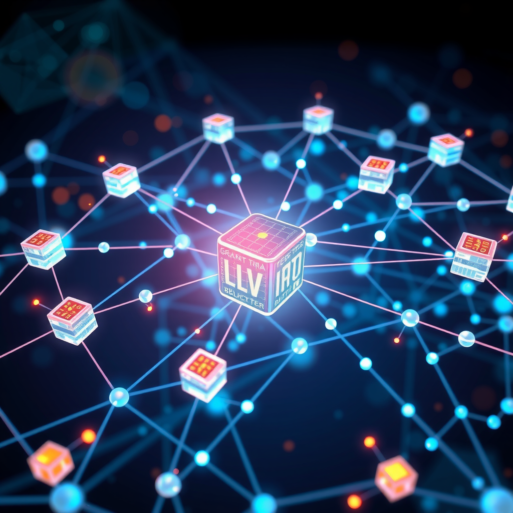 Ilustración conceptual de tecnología blockchain mostrando nodos de red digital interconectados, bloques de datos enlazados y visualización de libro mayor distribuido con elementos de criptografía