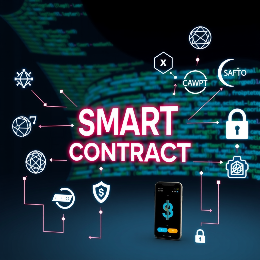 Representación visual de contratos inteligentes mostrando código de programación, acuerdos digitales autoejecutables, iconos de blockchain y símbolos de automatización con elementos de seguridad criptográfica