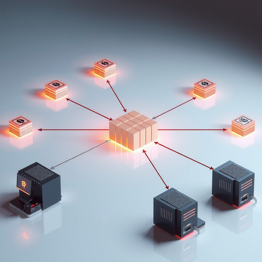 Diagrama de registro distribuido mostrando una red de computadoras conectadas compartiendo datos sincronizados, con múltiples nodos que tienen copias idénticas del registro y flechas indicando la sincronización de datos a través de la red