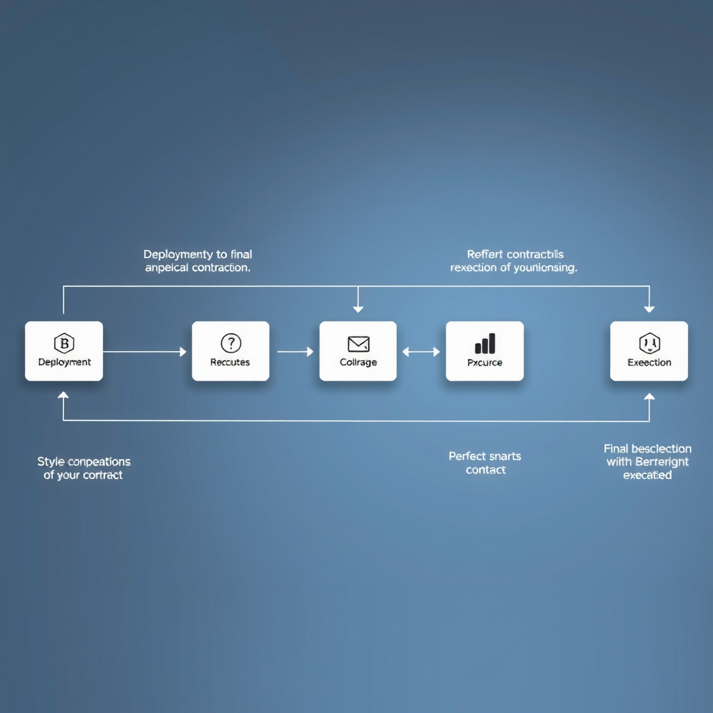 Diagrama de flujo mostrando el proceso de ejecución de un contrato inteligente desde el despliegue hasta la ejecución final, con iconos representando cada etapa del proceso en la blockchain