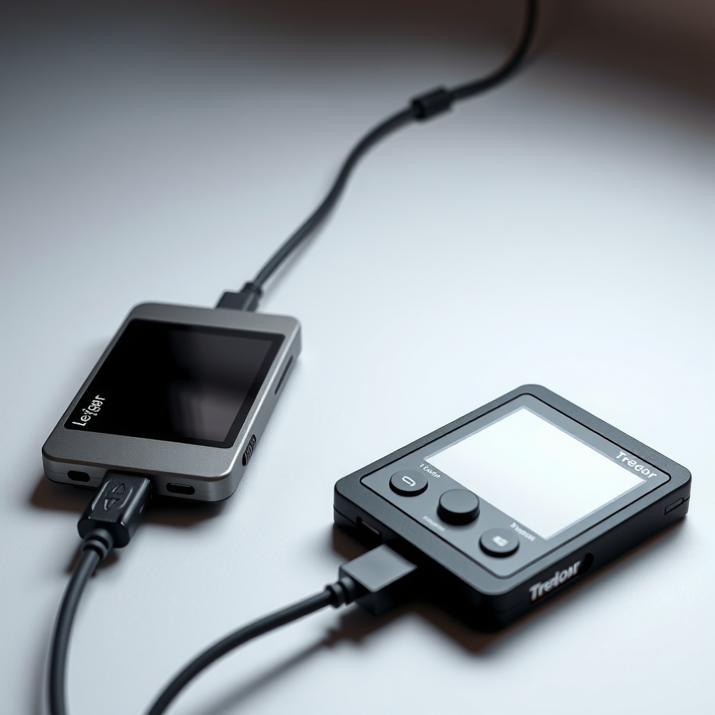 Imagen de carteras hardware populares como Ledger Nano y Trezor conectadas mediante cable USB, mostrando sus pantallas y botones de seguridad en un fondo profesional