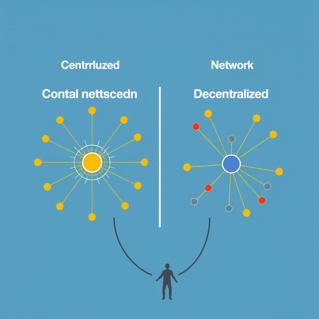 Diagrama comparativo mostrando la diferencia entre redes centralizadas con un punto único de control y redes descentralizadas con múltiples nodos interconectados sin autoridad central