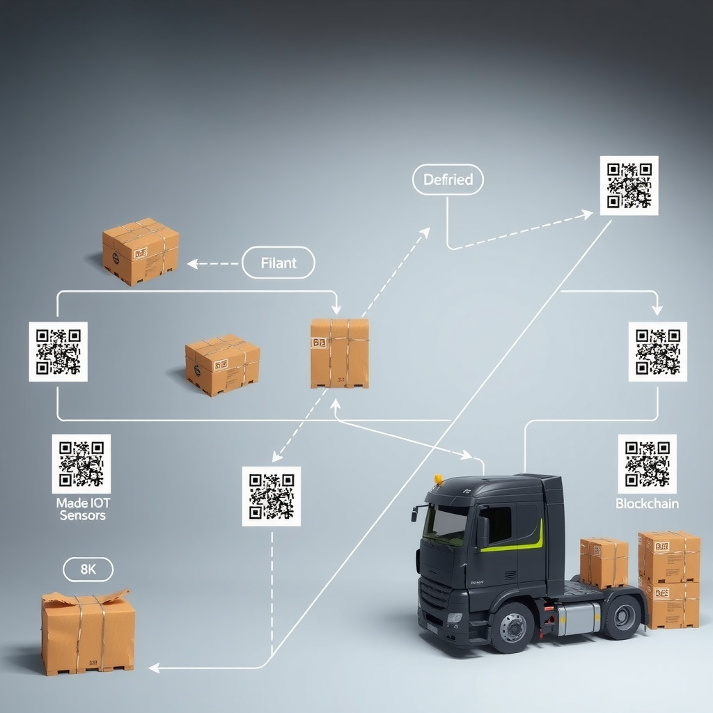 Diagrama de flujo de cadena de suministro mostrando productos rastreados desde fabricación hasta entrega final, con códigos QR, sensores IoT y puntos de verificación blockchain en cada etapa del proceso logístico
