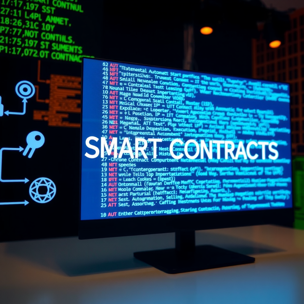 Representación visual de código de contrato inteligente en pantalla digital con símbolos de ejecución automática, iconos de blockchain, líneas de código de programación y elementos de automatización de acuerdos digitales