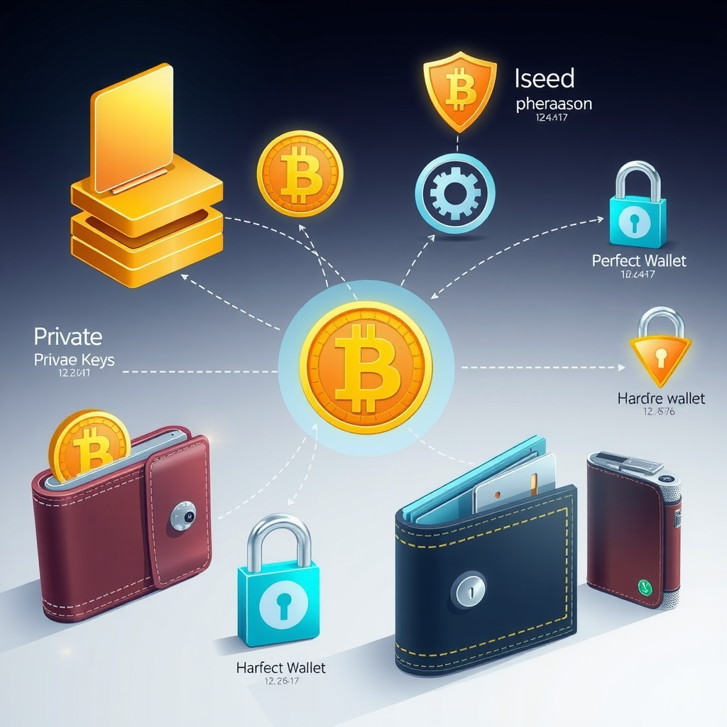Ilustración de billeteras digitales de criptomonedas mostrando diferentes tipos de almacenamiento, llaves privadas, frases semilla, candados de seguridad y dispositivos de hardware wallet con símbolos de protección