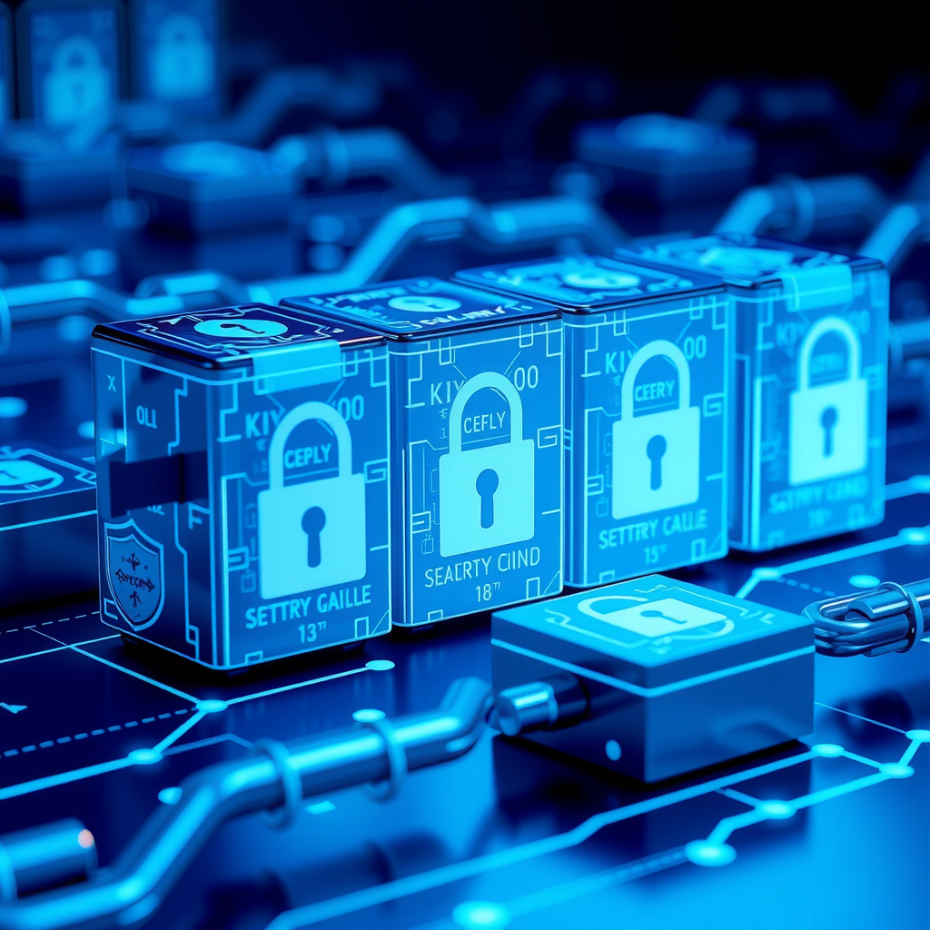 Concepto de seguridad blockchain mostrando bloques encriptados con candados criptográficos, enlaces seguros de cadena, símbolos de escudo representando protección de datos, visualización de seguridad digital en tonos azules