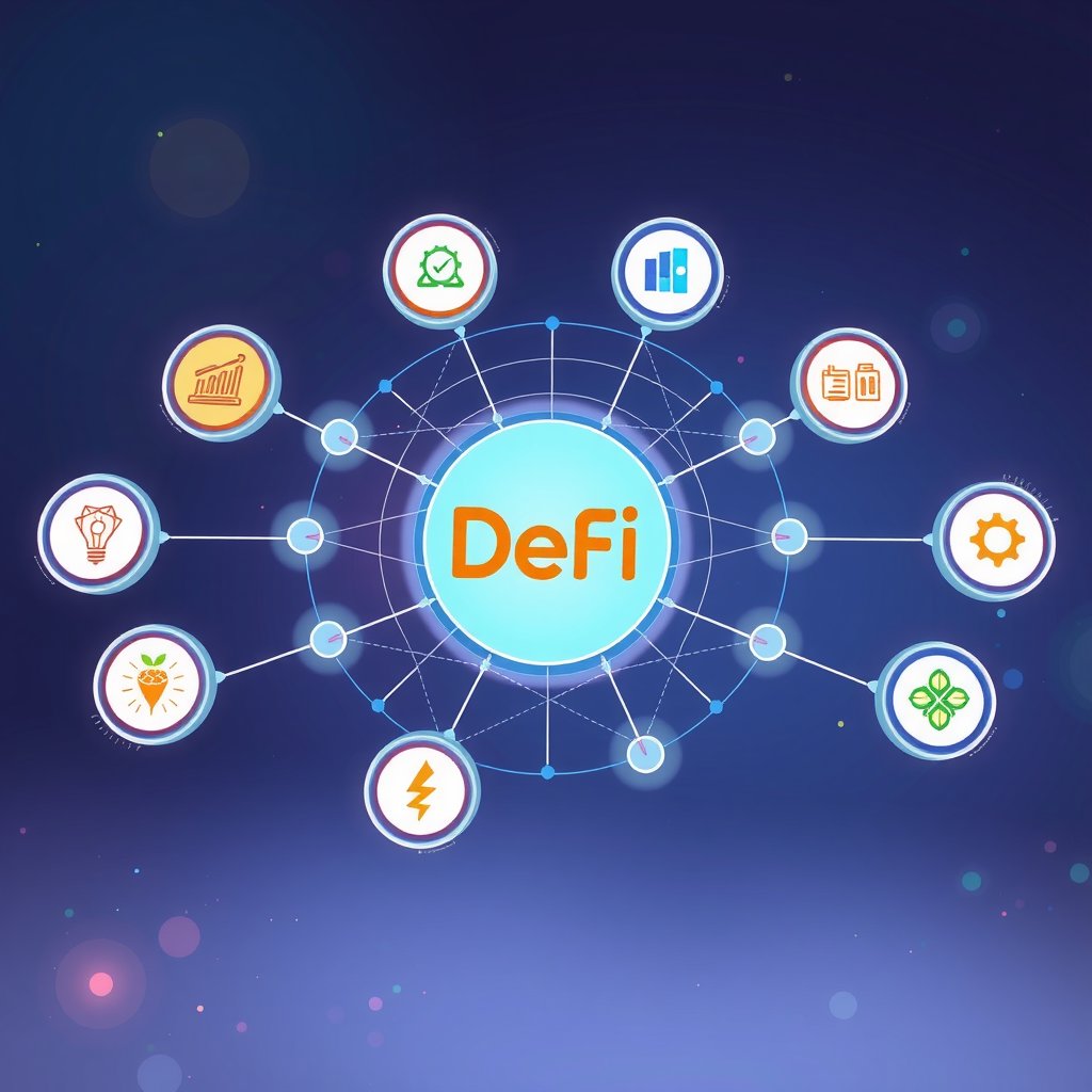 Ecosistema DeFi mostrando diferentes aplicaciones de contratos inteligentes incluyendo préstamos, intercambios descentralizados, staking y yield farming interconectados en una red blockchain