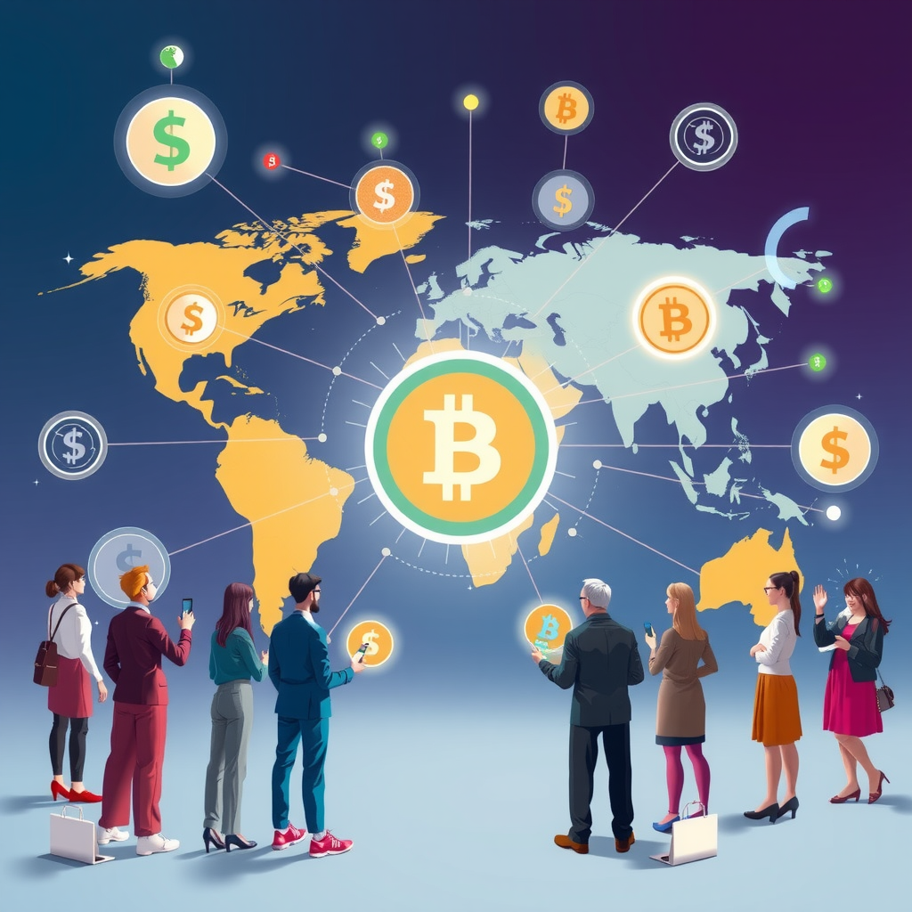 Ilustración conceptual mostrando personas de diferentes partes del mundo conectándose a servicios financieros descentralizados, representando la inclusión financiera global