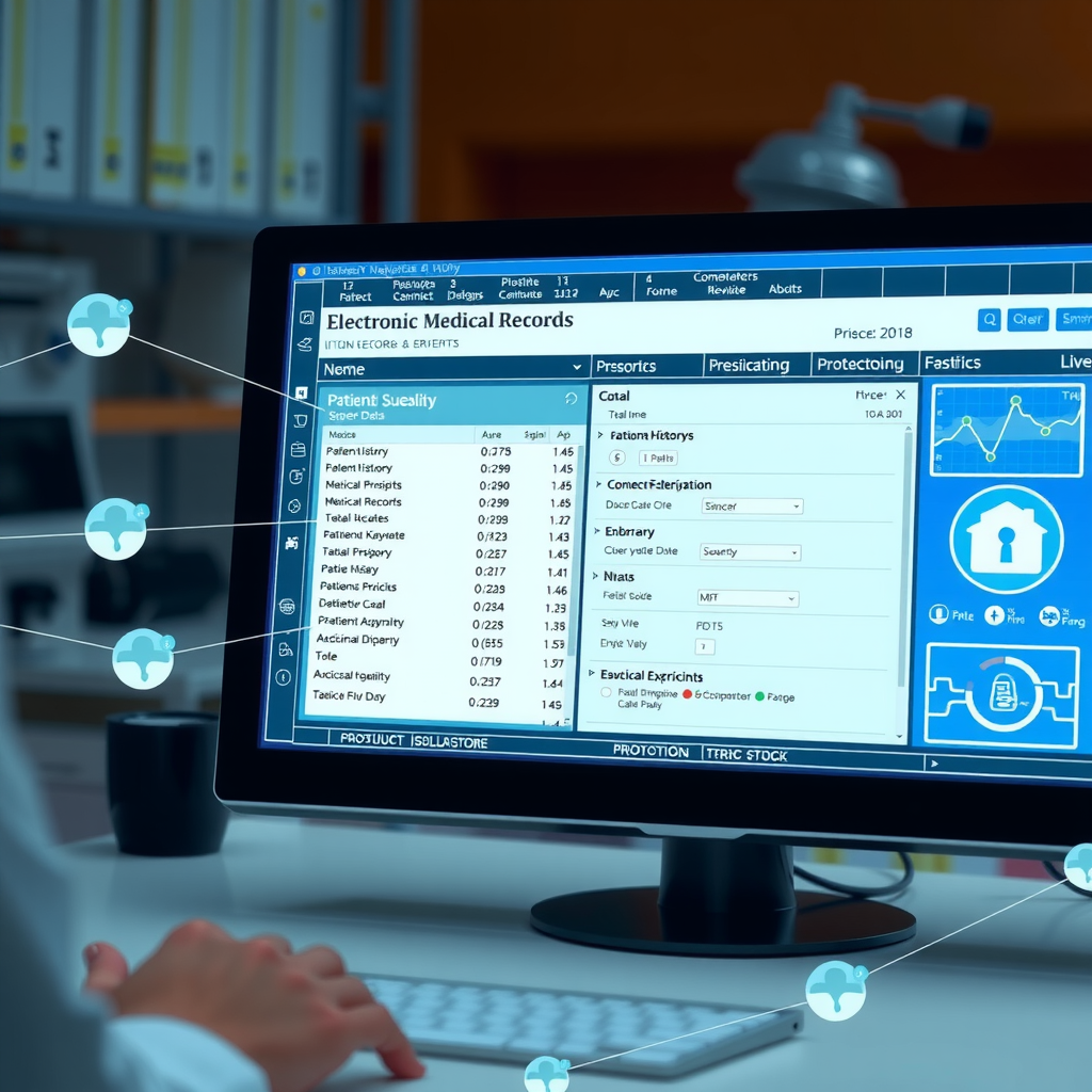 Interfaz digital de registros médicos electrónicos protegidos por blockchain, mostrando historiales de pacientes, recetas médicas, resultados de laboratorio y datos de salud encriptados con iconos de seguridad y privacidad