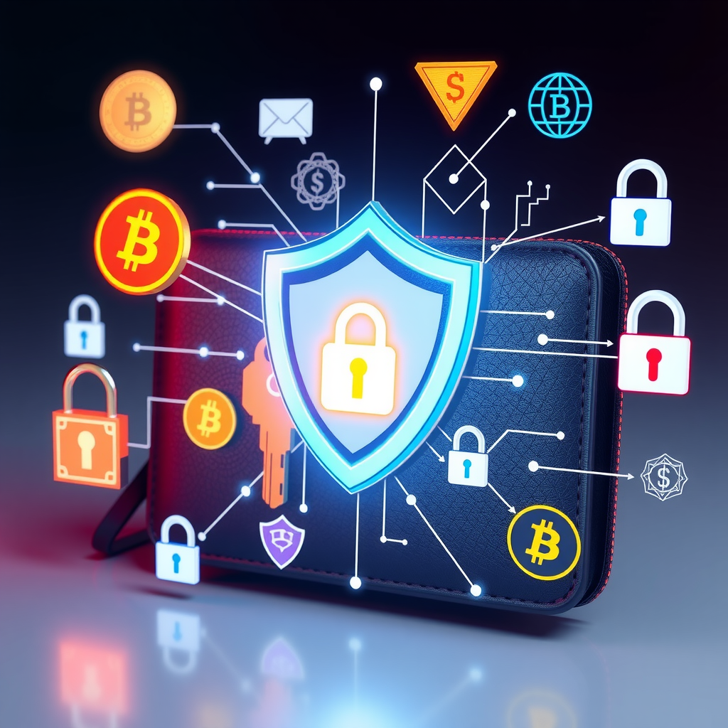 Ilustración de seguridad de billetera digital mostrando claves privadas, escudo de encriptación, símbolos de protección de criptomonedas, candados digitales y elementos de almacenamiento seguro de activos