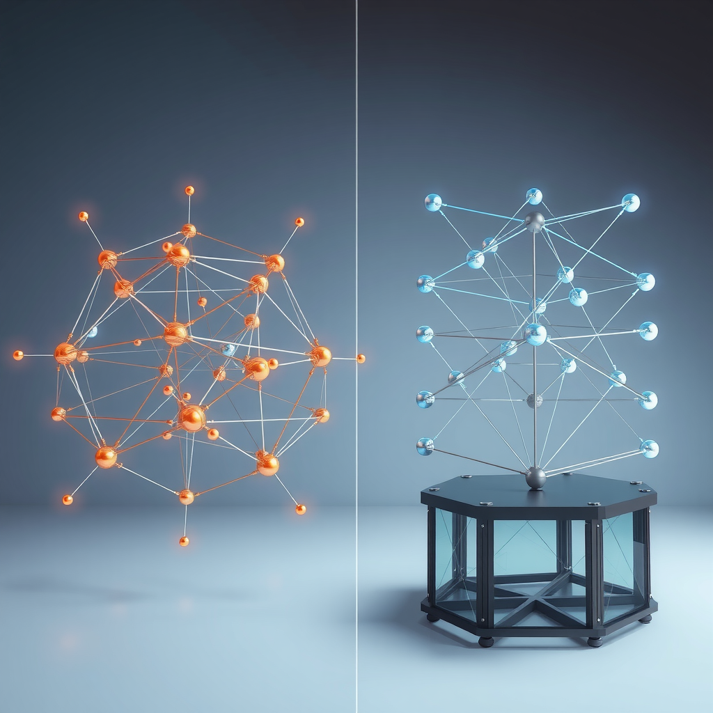 Concepto visual de descentralización mostrando redes distribuidas versus centralizadas, nodos interconectados, sistemas peer-to-peer y comparación entre estructuras financieras tradicionales y descentralizadas