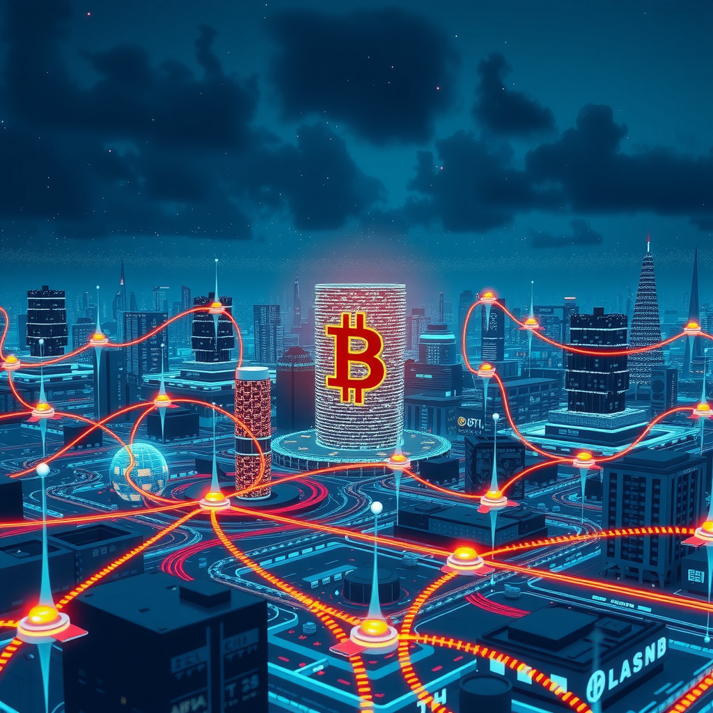 Futuro de blockchain mostrando un paisaje digital futurista con redes interconectadas, ciudades inteligentes, dispositivos IoT, representando la integración de blockchain en la vida diaria, visualización de tecnología moderna