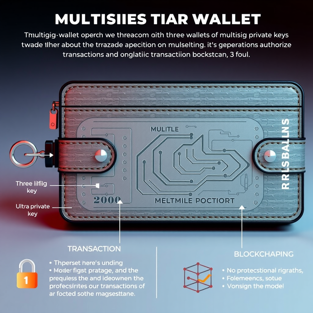Diagrama técnico mostrando el funcionamiento de una cartera multifirma con tres llaves privadas y la necesidad de dos firmas para autorizar transacciones, con iconos de seguridad y blockchain