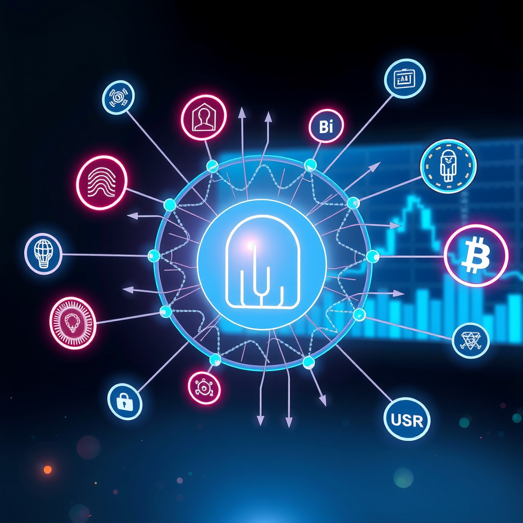 Concepto de identidad digital descentralizada con iconos de verificación biométrica, credenciales digitales, autenticación multifactor y símbolos de blockchain representando un sistema de identidad seguro y autosoberano