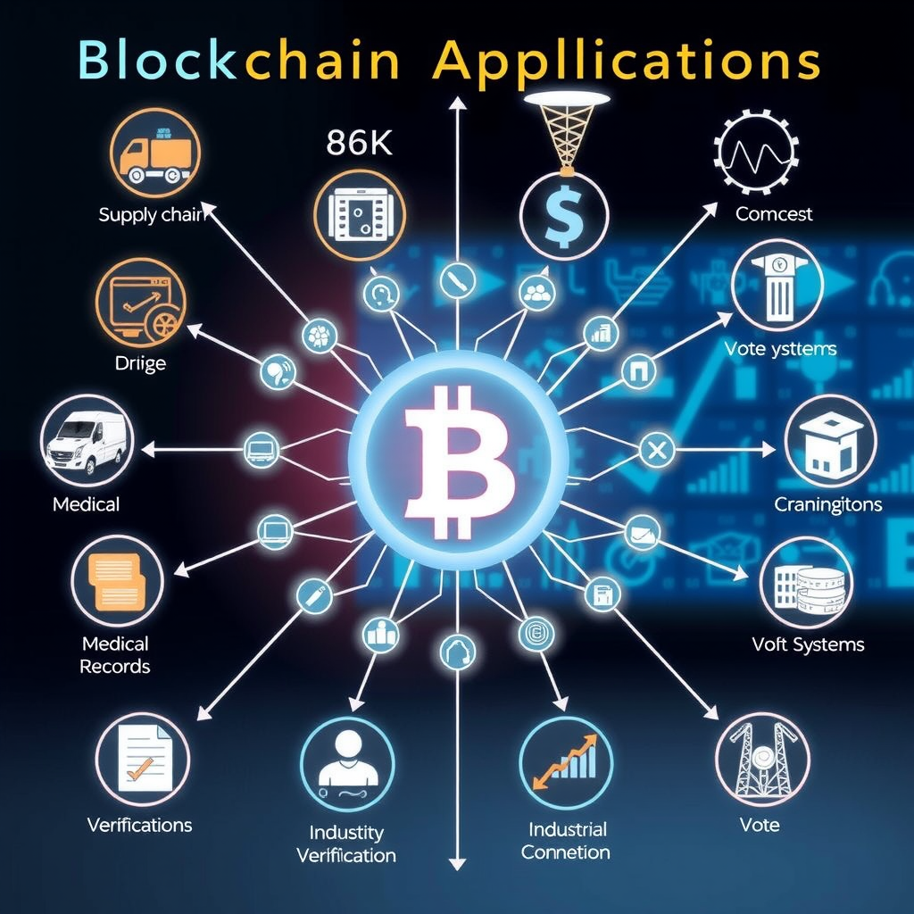 Aplicaciones de blockchain más allá de criptomonedas mostrando cadena de suministro, registros médicos digitales, verificación de identidad, sistemas de votación y diversos casos de uso industriales con iconos representativos