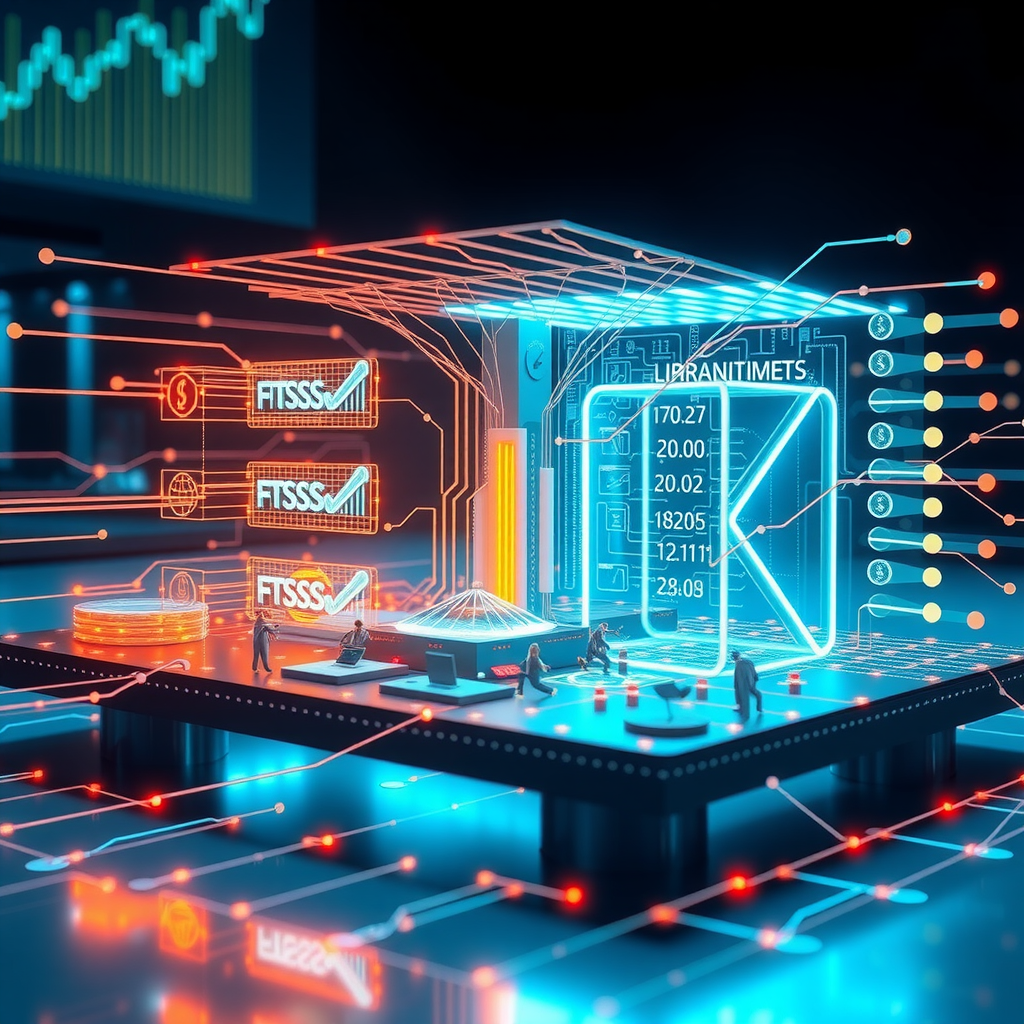 Visualización futurista mostrando la integración de sistemas financieros centralizados y descentralizados, representando un ecosistema financiero híbrido del futuro