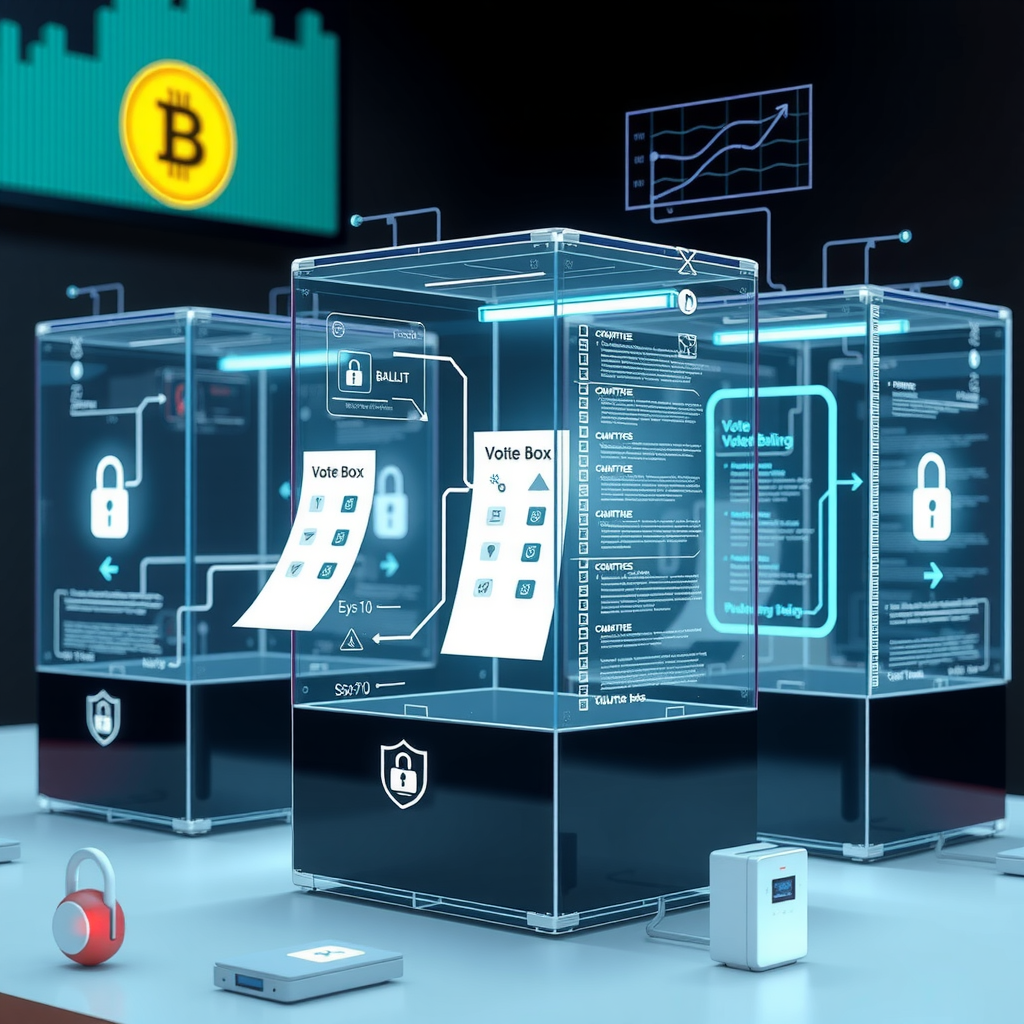 Sistema de votación electrónica basado en blockchain mostrando urnas digitales, boletas encriptadas, verificación de votos transparente y conteo automático con símbolos de seguridad y auditoría descentralizada